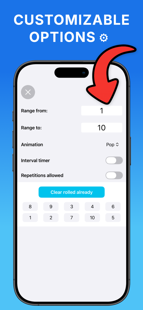 Random Number Generator . - Uma tela de smartphone mostrando configurações personalizáveis para o aplicativo Gerador de Números Aleatórios, incluindo intervalo de números e temporizador de intervalo.