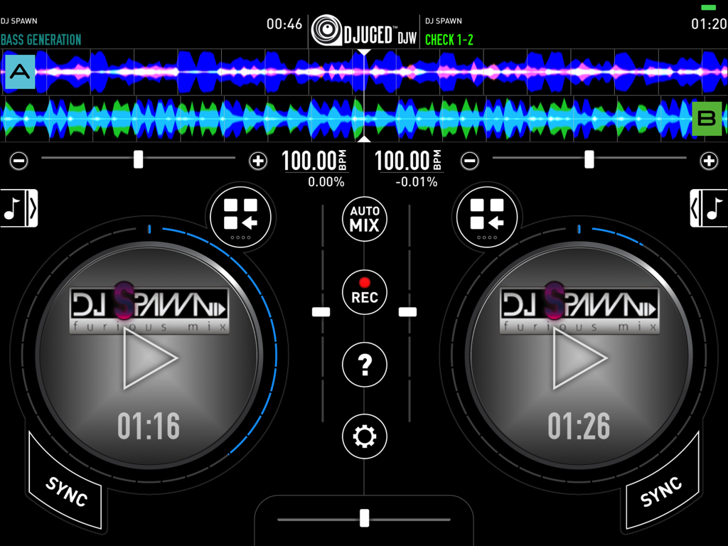 DJUCED DJW - DJUCED DJW app interface on iPad showing dual deck mixing with audio waveforms and sync controls