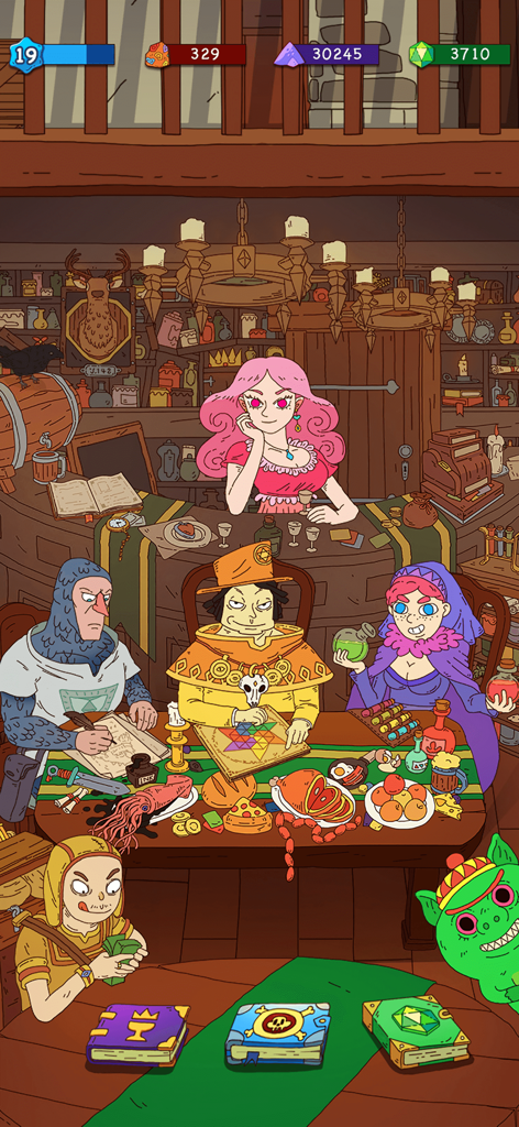Dicey Elementalist - Colorful hand drawn tavern scene with fantasy characters and game menu items in Dicey Elementalist