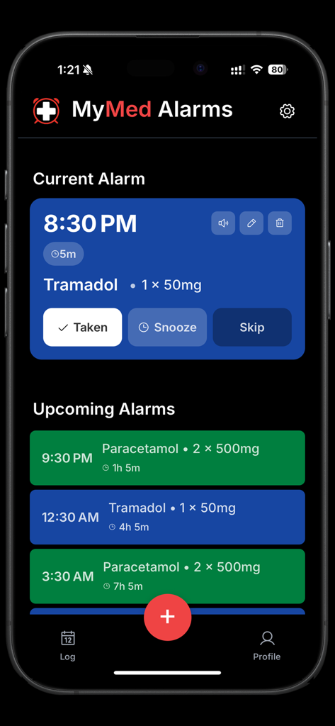 MyMed Alarms - Interface do MyMed Alarms mostrando um lembrete de medicamento atual e próximas doses agendadas com cartões codificados por cores