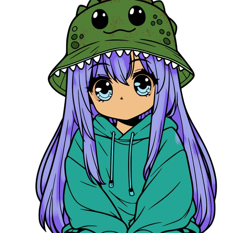 girl with anime shaped eyes with a dinosaur bucket hat oversized sweatshirt long straight hair