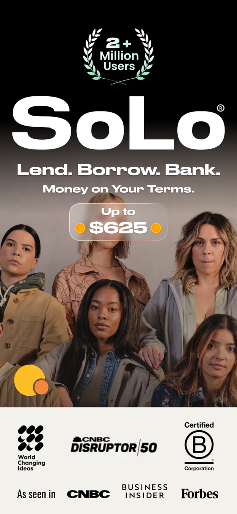SoLo Funds app interface showing peer to peer lending and borrowing options for up to 625 dollars