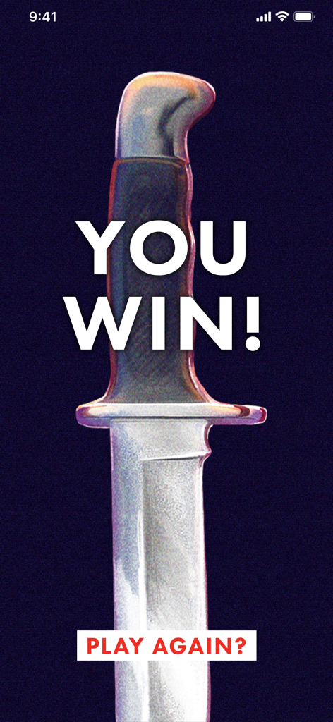 Scream The Game - Victory screen for Scream The Game featuring a knife and text saying you win