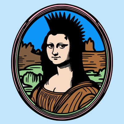 leonardo da vinci's "mona lisa" with punk hairstyle, realistic, thin borders