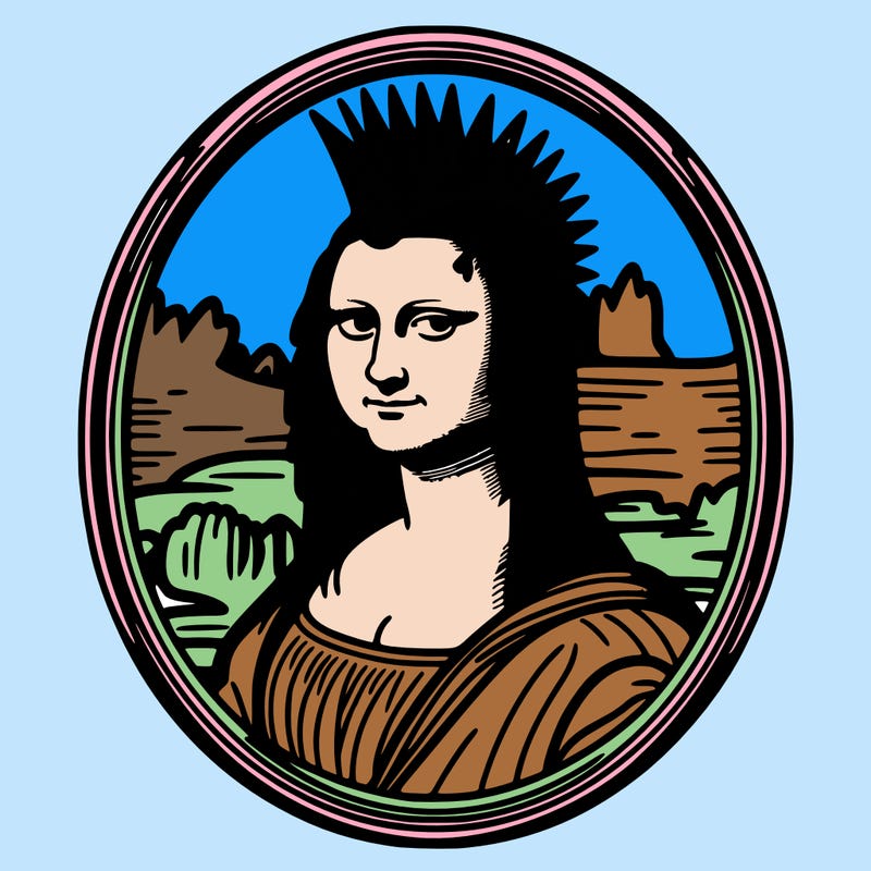 leonardo da vinci's "mona lisa" with punk hairstyle, realistic, thin borders