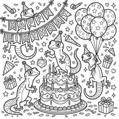 Get ready to celebrate with these charming geckos at their very own birthday bash! This delightful coloring page is packed with festive details, perfect for sparking creativity.
