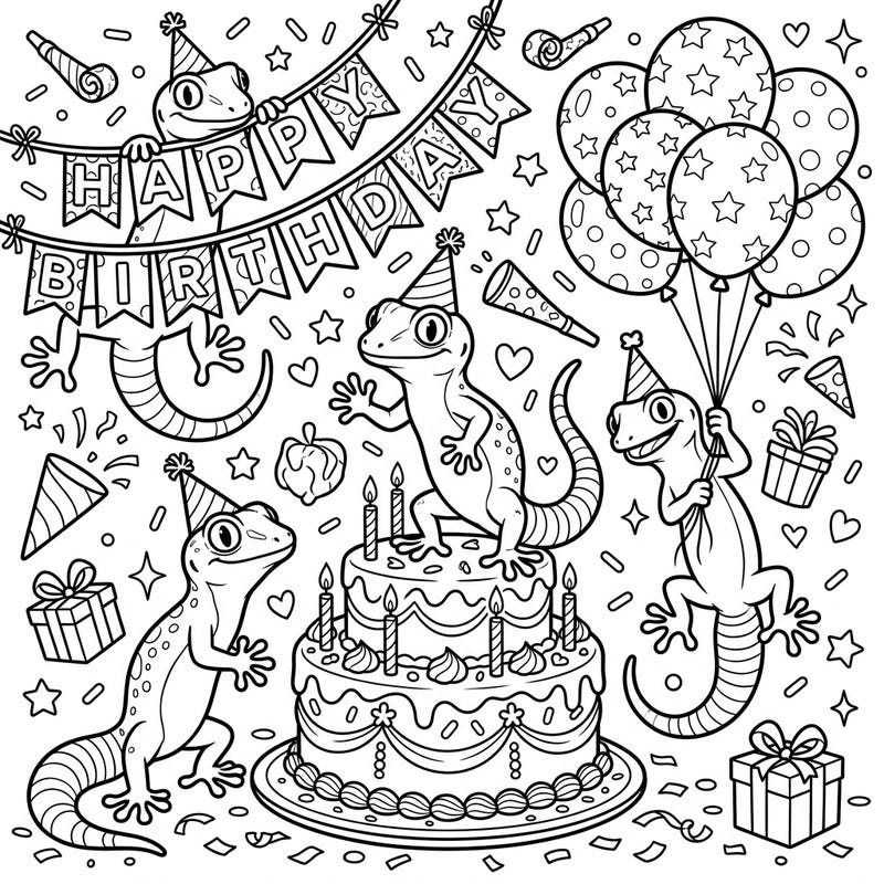 Get ready to celebrate with these charming geckos at their very own birthday bash! This delightful coloring page is packed with festive details, perfect for sparking creativity.