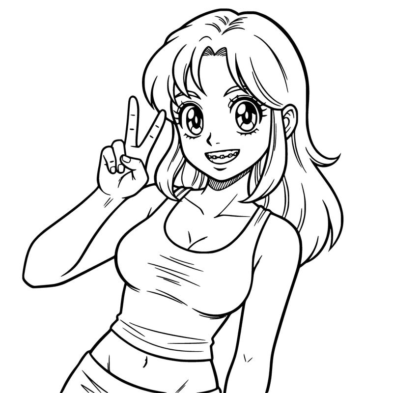 a girl who is smiling with braces on and has no background in the picture, she has a tank top on and we only see up to half her belly, one arm is doing the peace symbol and her other arm is down, the arm with the peace symbol is kinda bent words her face