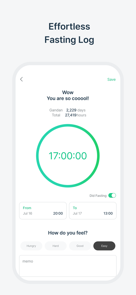 SimFast: Fasting Tracker - Una captura de pantalla de la interfaz de la aplicación SimFast que muestra un registro de ayuno de 17 horas con opciones de seguimiento del estado de ánimo.