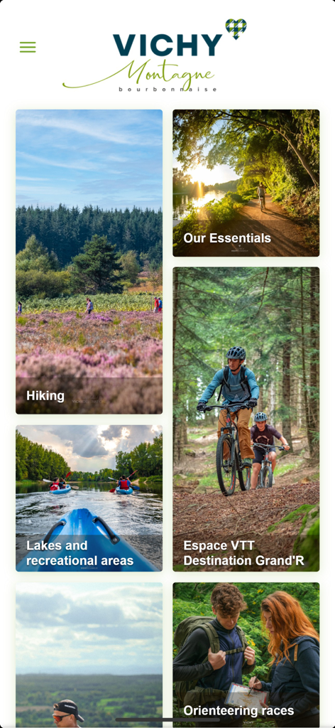 Randos & VTT Vichy Montagne - Menu principal de l'application Randos et VTT Vichy Montagne affichant les catégories d'activités pour la randonnée, le VTT et les lacs