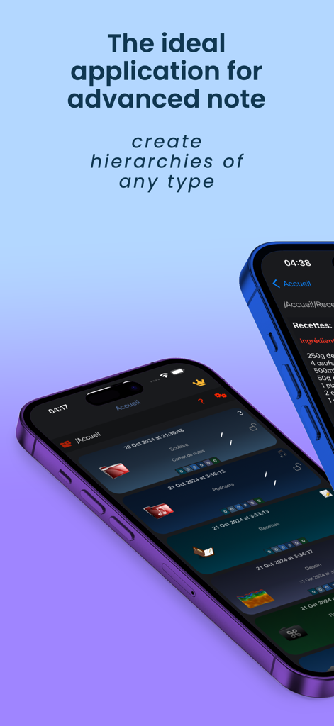 Notes Book PROアプリのインターフェイスが、階層的に整理されたノート作成用のフォルダを表示しているiPhoneに表示されています。