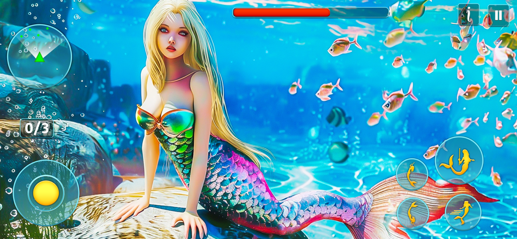 Princess Mermaid Simulator 3D - Captura de tela da jogabilidade do Simulador de Sereia Princesa 3D mostrando uma sereia subaquática com peixes e controles do jogo.