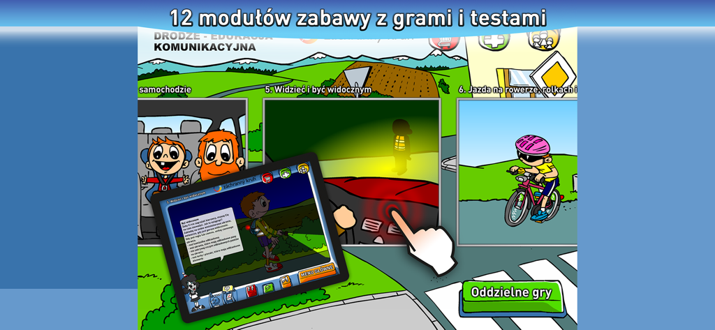Edukacja drogowa dla dzieci - Interfaz de la aplicación educativa polaca que muestra módulos de seguridad vial para seguridad del automóvil, visibilidad nocturna y ciclismo.
