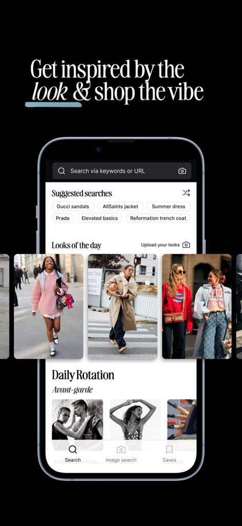 Beni app search screen featuring fashion inspiration looks and suggested brand tags like Gucci and Prada.