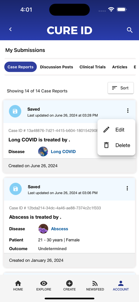 CURE ID - The My Submissions page in the CURE ID app showing saved medical case reports for clinical research.