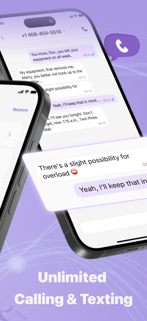 Second Phone Number | 2nd Line - Interface do aplicativo Second Phone Number mostrando recursos ilimitados de chamadas e mensagens em uma tela de smartphone.