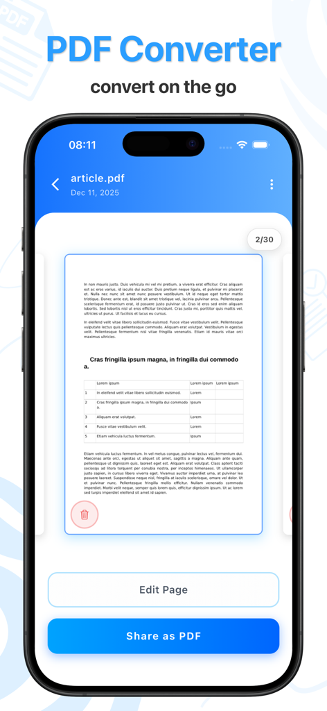 PDF Converter - PDFconvert - A mobile app interface showing a PDF document preview with options to edit and share