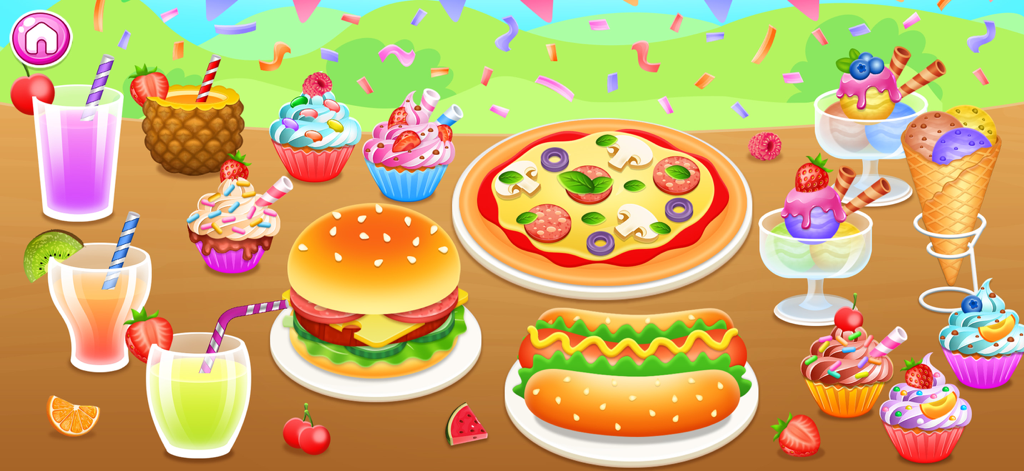 Kids Cooking Game 2+ year olds - A colorful spread of cartoon food items including pizza burger and cupcakes