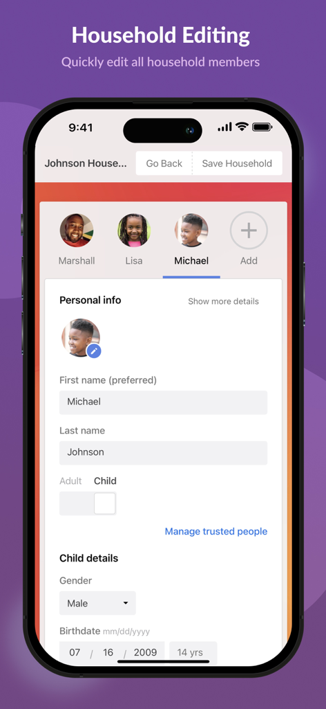 Interface for editing household member details and child personal information in the Planning Center Check-Ins app.
