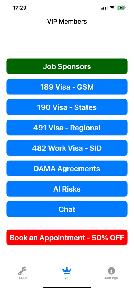 The VIP members dashboard in the Aussie Visa Mate app listing various Australian visa pathways and job sponsor resources.
