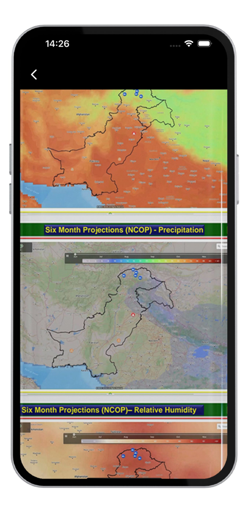 PAK NDMA-Disaster Alert - PAK NDMA app displaying six month projections for precipitation and relative humidity on maps of Pakistan