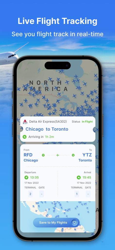 Mappa di tracciamento voli in tempo reale che mostra le posizioni degli aeromobili e i dettagli dello stato su un'app mobile