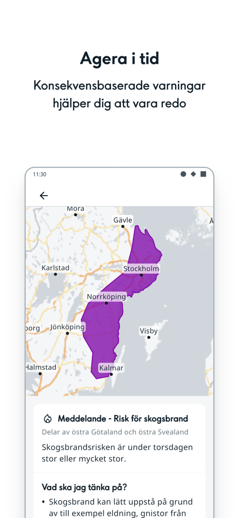 Mapa de la aplicación SMHI Vader que muestra advertencia de riesgo de incendio forestal para el este de Suecia