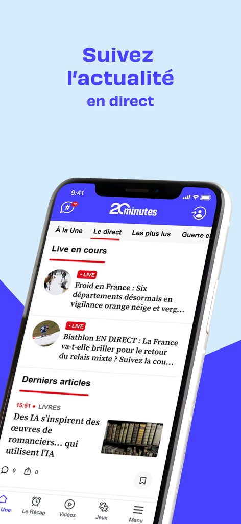 20 Minutes, news en continu - Interfaz de la aplicación de noticias 20 Minutos que muestra la sección de noticias en vivo en un iPhone