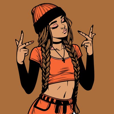 realistic teenage girl with braids and a beanie and crop top doing 🫶🏼