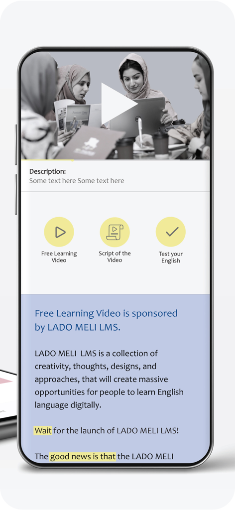 Interface of the MELI app showcasing free English learning videos, scripts, and proficiency tests.