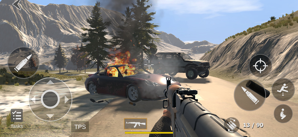 Logan - FPS Game Creator - First person shooter gameplay in Logan FPS Game Creator showing an assault rifle and a burning car in a mountain level.