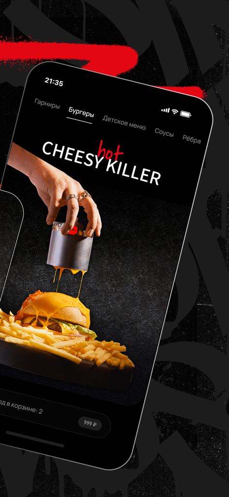 Interface do aplicativo móvel FRANK by Basta mostrando um hambúrguer 'killer' com muito queijo sendo derramado.