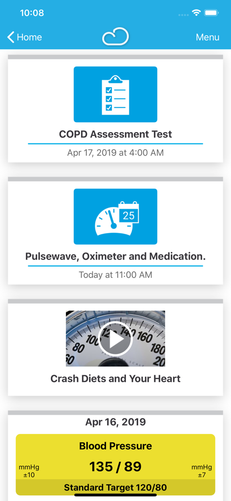 Connected Health - Connected Health app dashboard featuring health assessments, educational videos, and blood pressure monitoring.