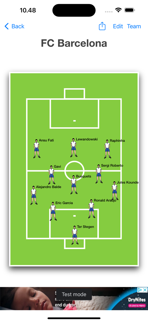 FC Barcelona tactical lineup on a green soccer pitch within the app