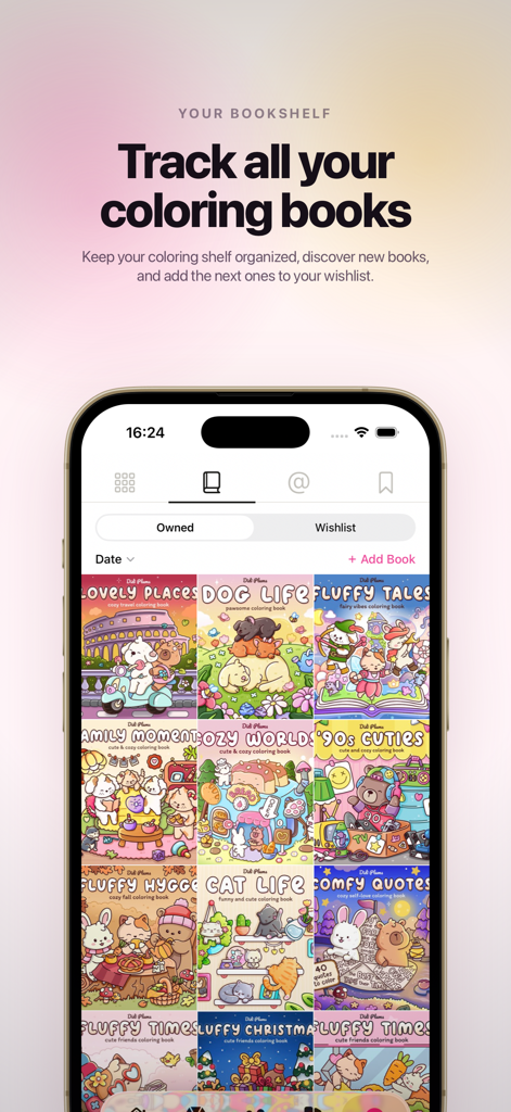 A digital bookshelf in the Colora app showing a collection of coloring books to track and organize