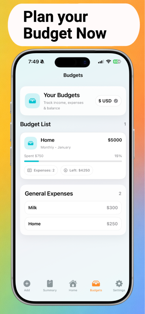 Budget Planner Buddy :Bilancio - Interface do aplicativo Budget Planner Buddy Bilancio em um iPhone mostrando planejamento de orçamento e rastreamento de despesas.