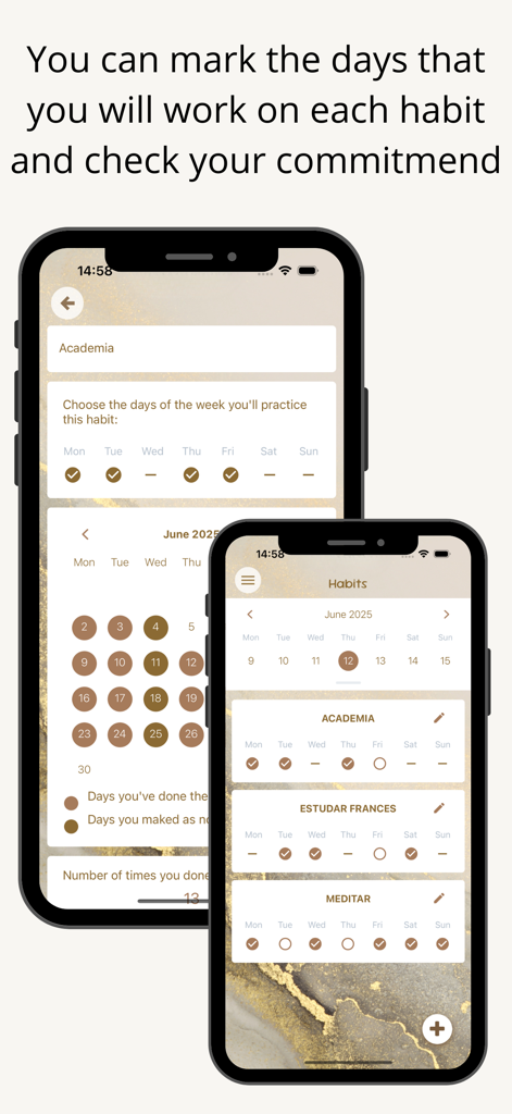MyMind Diary - Dos pantallas de iPhone que muestran la interfaz de seguimiento de hábitos de la aplicación MyMind Diary.