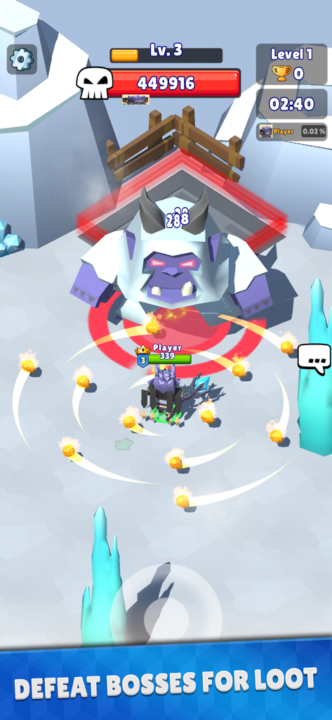 Hunt Royale: Action RPG Battle - A player character fighting a large voxel boss in a snowy arena in Hunt Royale