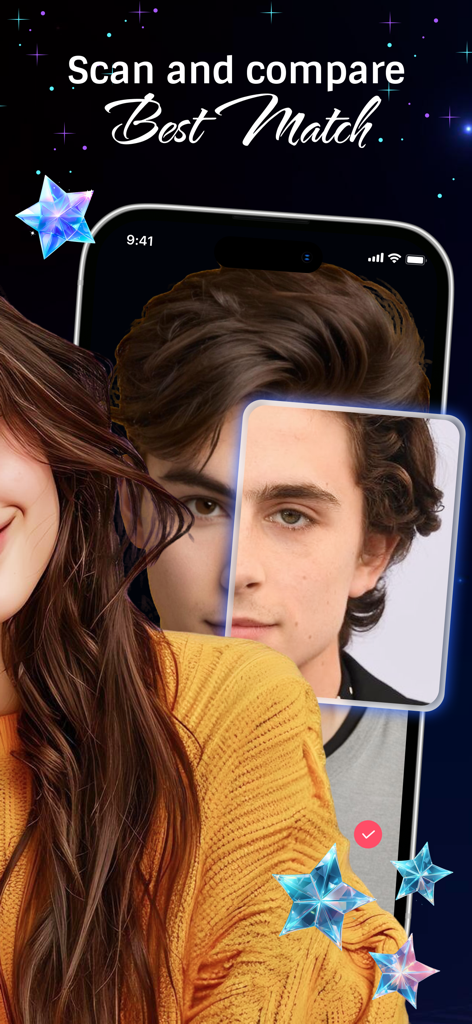 Celebrity Twin - Funny Filter - A smartphone screen demonstrating the celebrity lookalike scan and match feature.