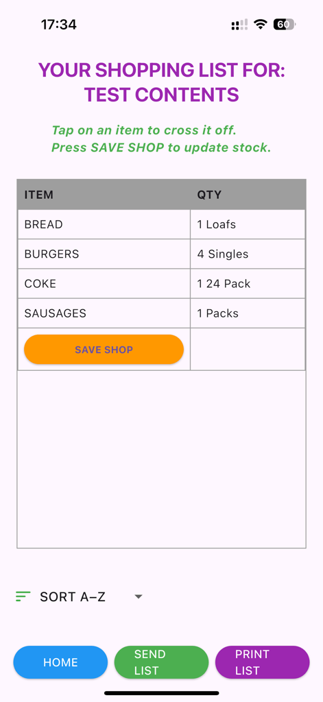 KITCHEN INVENTORY - Shopping list interface in the Kitchen Inventory app displaying food items and quantities with options to save send or print the list