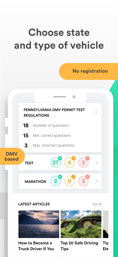 Smartphone screen showing Pennsylvania DMV permit test regulations and practice test progress
