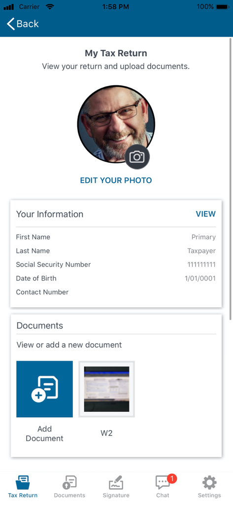 TaxesToGo app screen displaying taxpayer personal information and a section to upload tax documents like a W2.