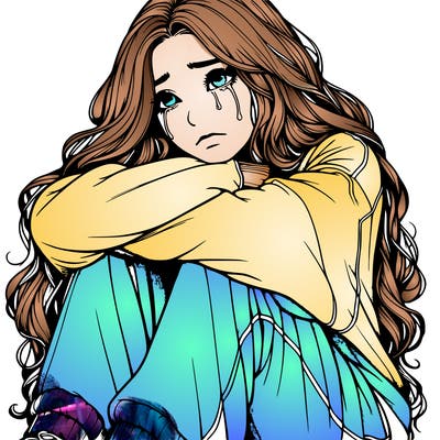 a girl with long hair wearing a sweatshirt and sweatpants.the girl is realistic and she has long hair that is also realistic.her head is on her knees and she is crying.she is sitting down and she looks sad