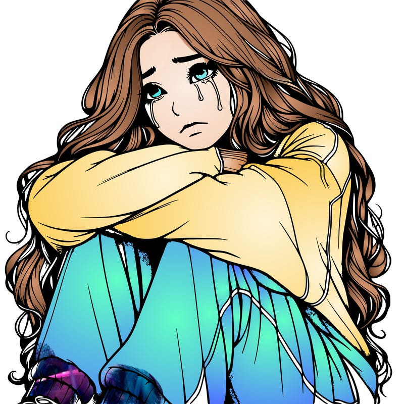 a girl with long hair wearing a sweatshirt and sweatpants.the girl is realistic and she has long hair that is also realistic.her head is on her knees and she is crying.she is sitting down and she looks sad