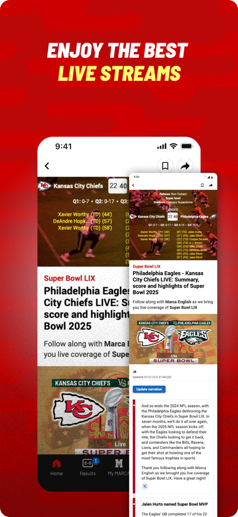 Smartphone screens displaying the MARCA app with live sports news and Super Bowl coverage.