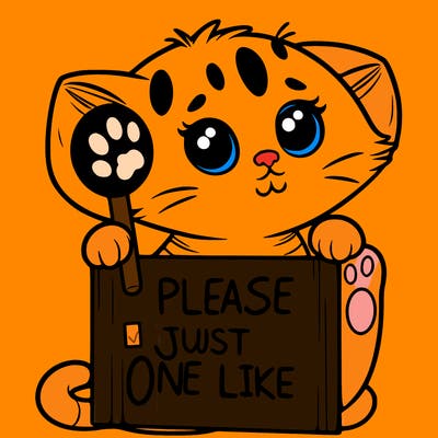 a kitten holding up a sign that says please just one like