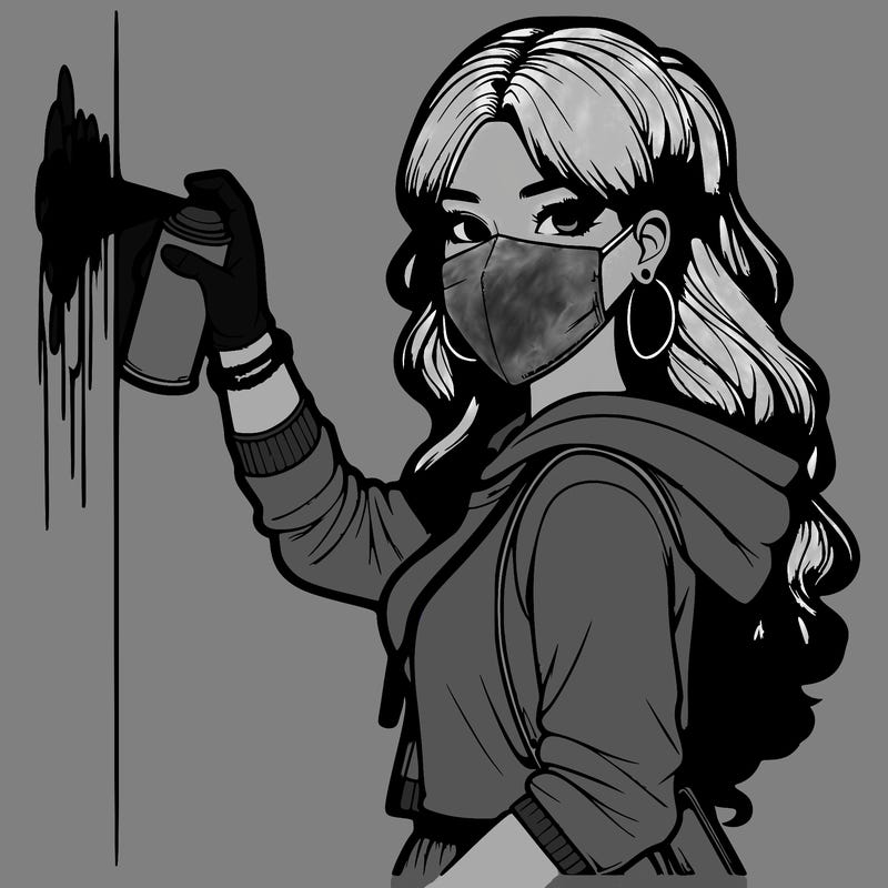 realistic girl with mask spray painting a wall