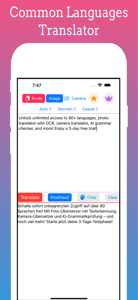 Interfaz de la aplicación móvil Traductor IA mostrando una traducción de texto de inglés a alemán con un ajuste de tono casual