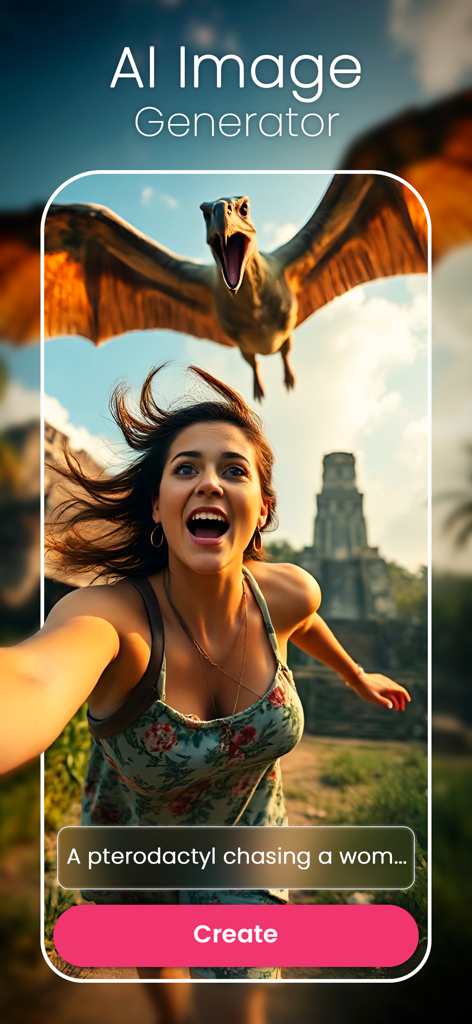 Imagem gerada por IA de uma mulher sendo perseguida por um pterodáctilo com uma caixa de prompt de texto no aplicativo CreArt.