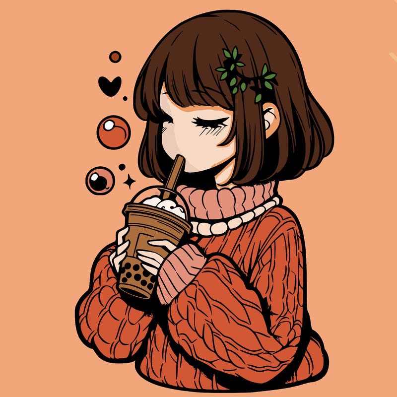 manga girl drinking boba in cozy sweater